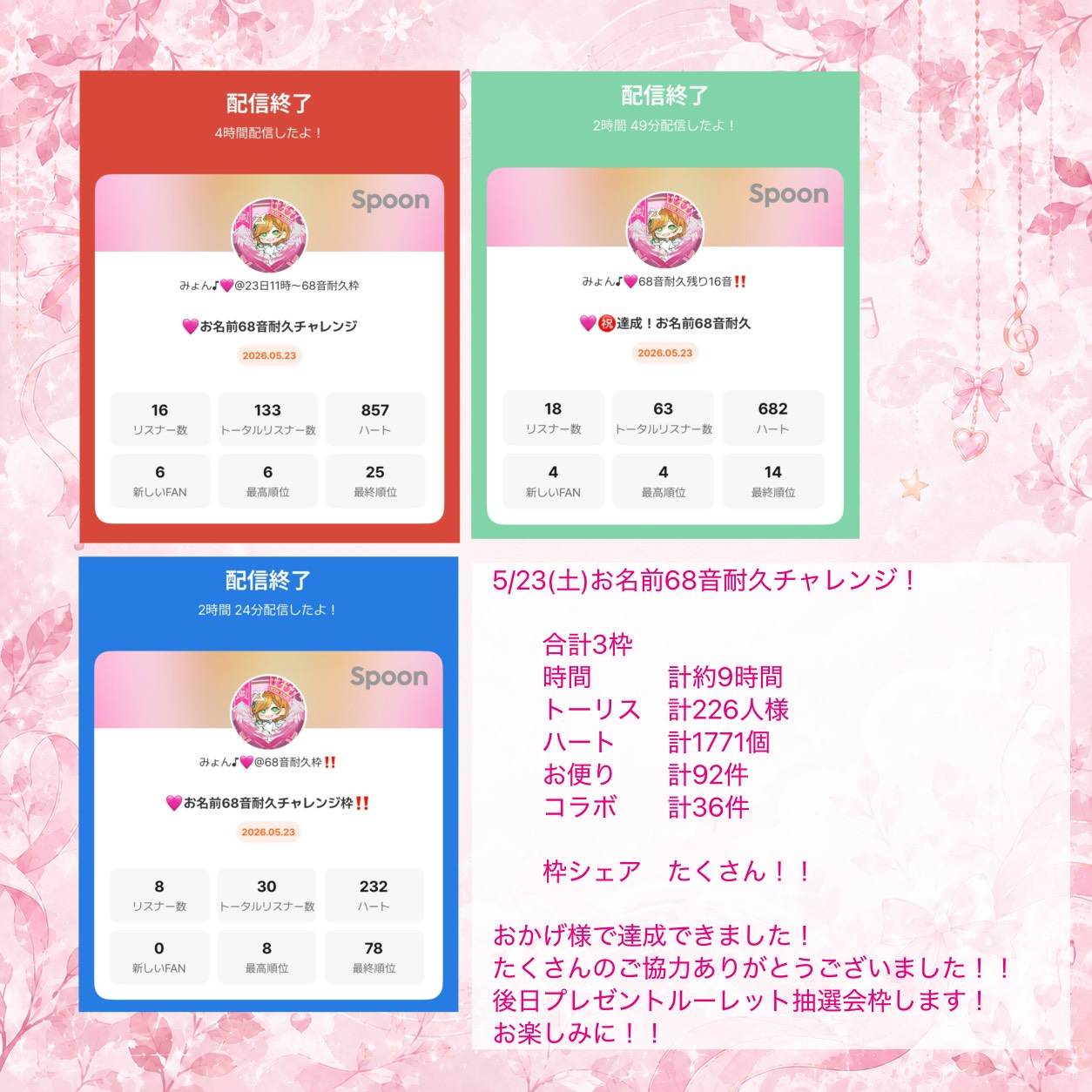 🩷68音耐久達成賞大抽選会‼️